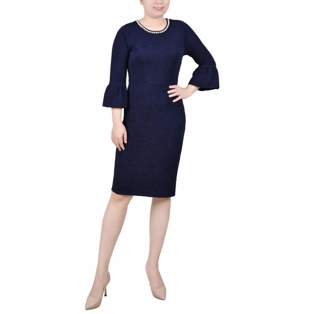 NY Collection Dress Petite Size PM Navy Beaded Neck Bell Sleeve Sheath $58